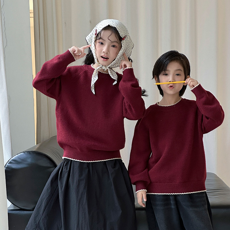 亲子装毛衣一家三四口母子母女休闲简约洋气枣红色新年摄影全家服,淘宝优惠券,粉丝福利购,淘宝优惠卷