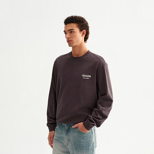 CHINISM赤尘 黑色植绒字母印花长袖T恤男2025新款男士打底衫上衣
