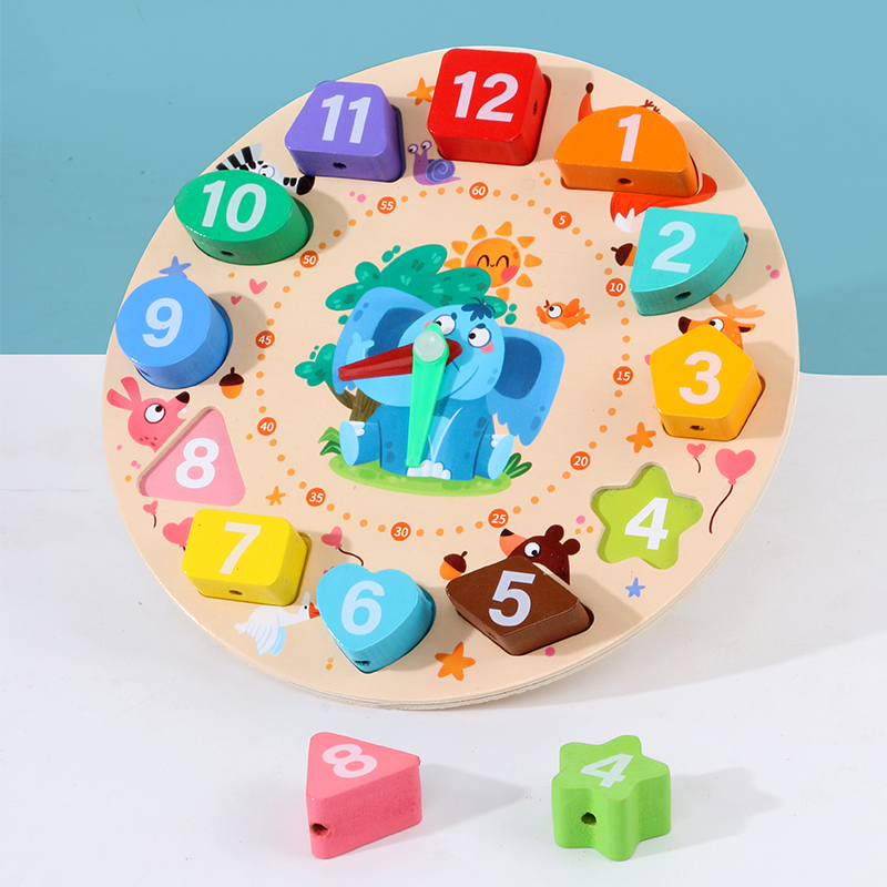 婴儿童闹钟数字时钟早教串珠子积木宝宝立体拼图形状配对认知玩具 - 图3