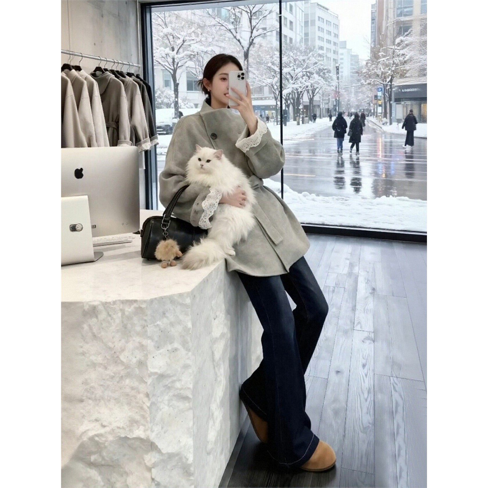 创宙 秋日ootd穿搭一整套韩系穿搭慵懒绑带毛呢外套微喇牛仔裤两件套女