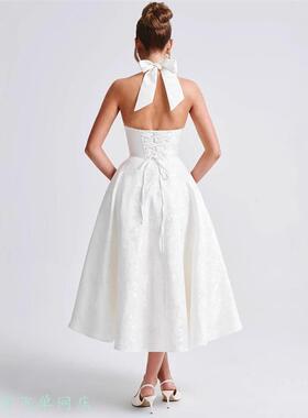 Women's Knitted Perspective Slimming DressV领挂脖提花连衣裙