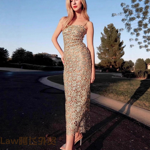 Flattering sexy floral print strapless dress香槟金蕾丝镂空法 - 图0