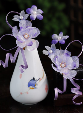 古风汉服浅紫绢纱花朵蝴蝶结发夹
