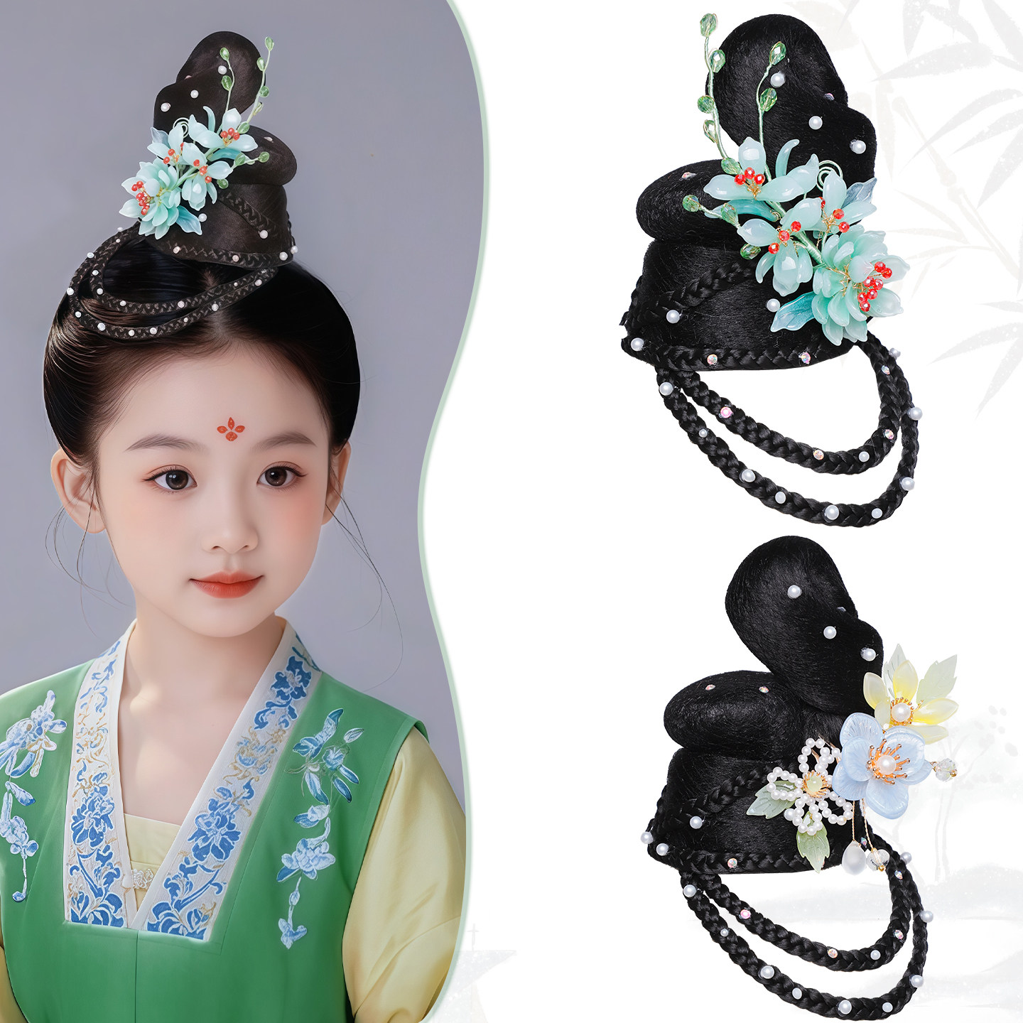 儿童古风舞台假发汉服一体式全套头饰古典舞演出舞蹈发髻发包组合,淘宝优惠券,粉丝福利购,淘宝优惠卷