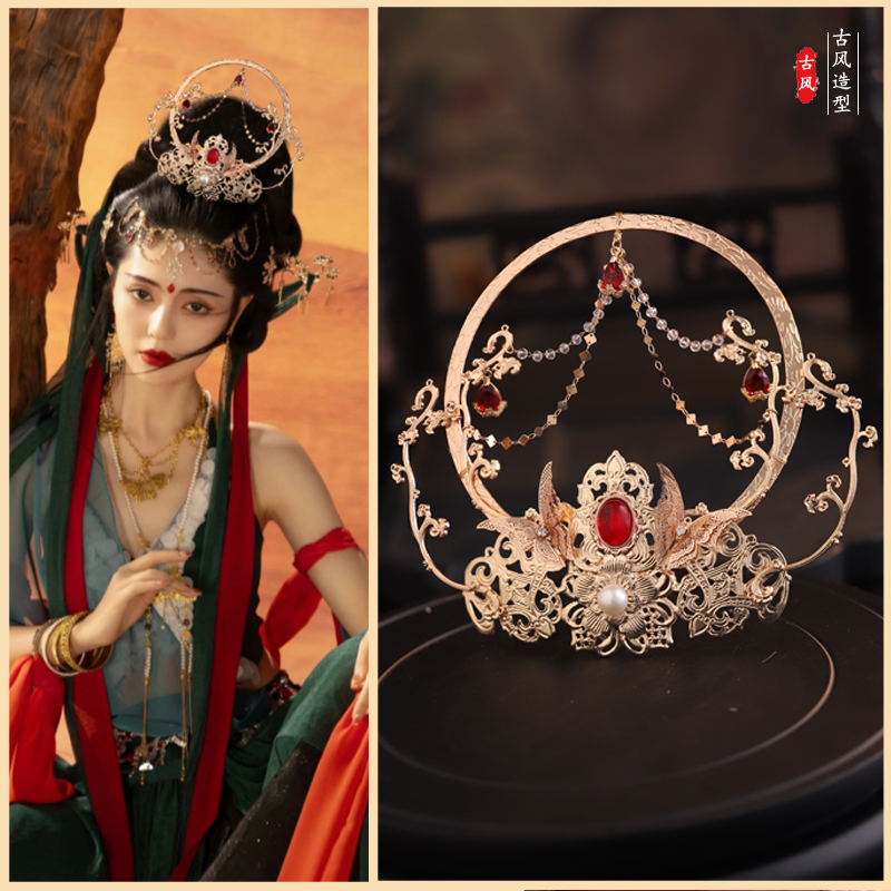 敦煌飞天圣女光环发冠古风汉服头饰古装神女配饰供养光圈金环发饰_虎窝淘