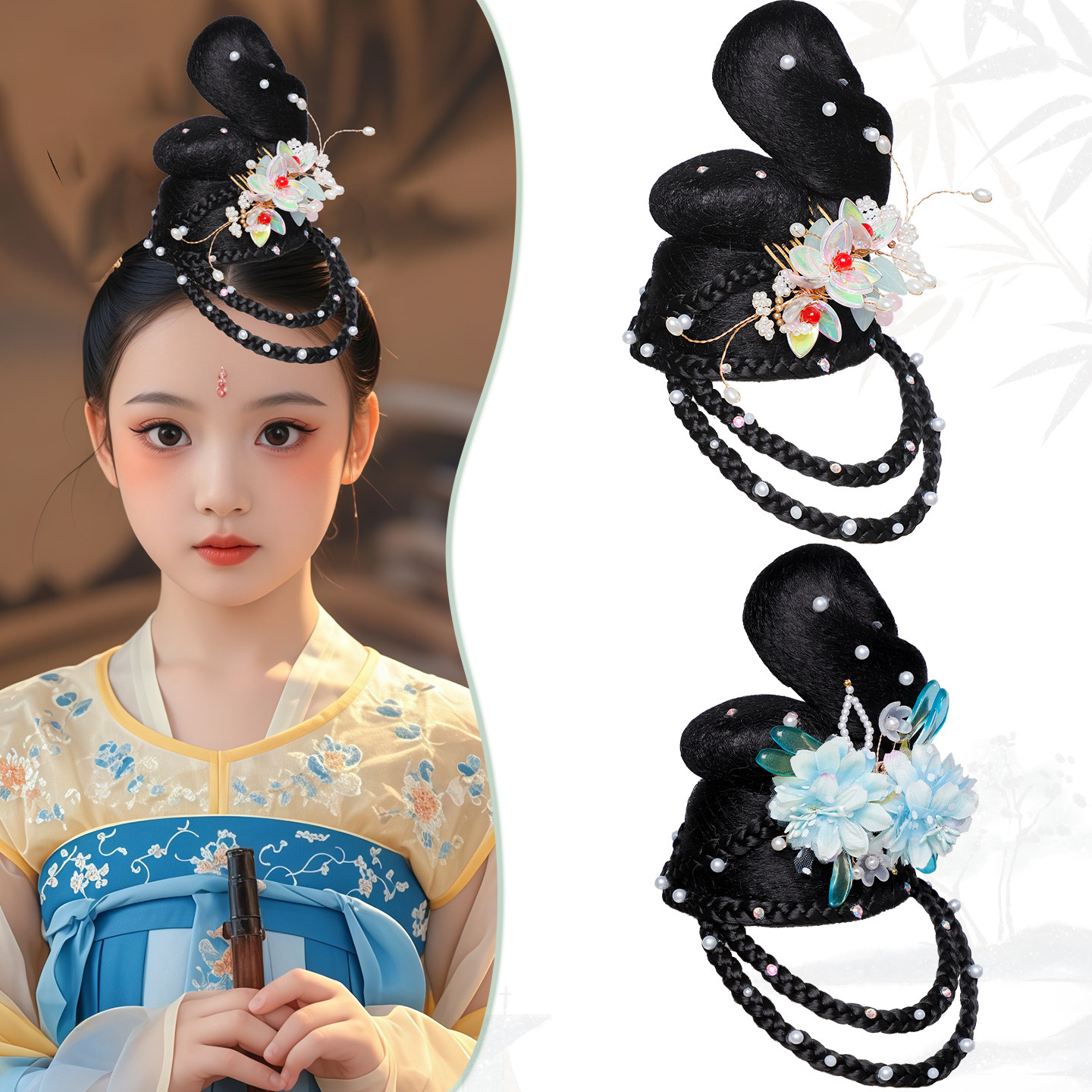 古风假发儿童汉服头饰古典舞表演舞台发髻盘发发包发饰组合套装女,淘宝优惠券,粉丝福利购,淘宝优惠卷