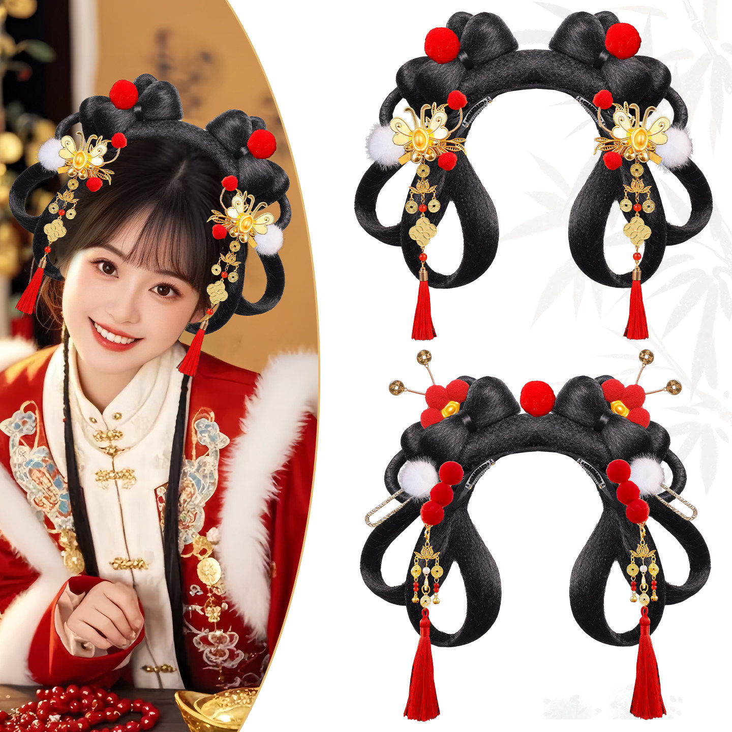 古风汉服假发包女流苏纱花花朵毛茸茸流苏造型演出假发百搭饰品,淘宝优惠券,粉丝福利购,淘宝优惠卷