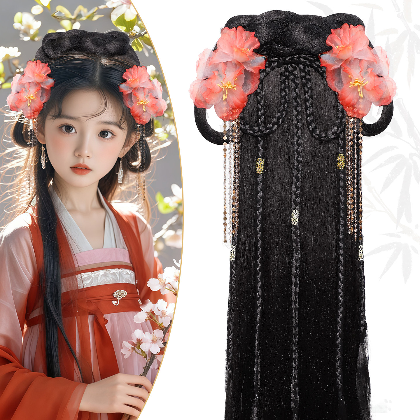 古风假发头饰套装女童长披发发箍甜美绢花飘带百搭日常配饰组合,淘宝优惠券,粉丝福利购,淘宝优惠卷