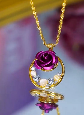 2025新款紫色玫瑰花锆石项链时尚