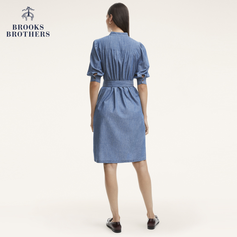 Brooks Brothers/布克兄弟女士休闲立领纯色可调节腰带收腰连衣裙