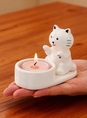 可爱猫咪陶瓷香薰蜡烛台摆件送礼