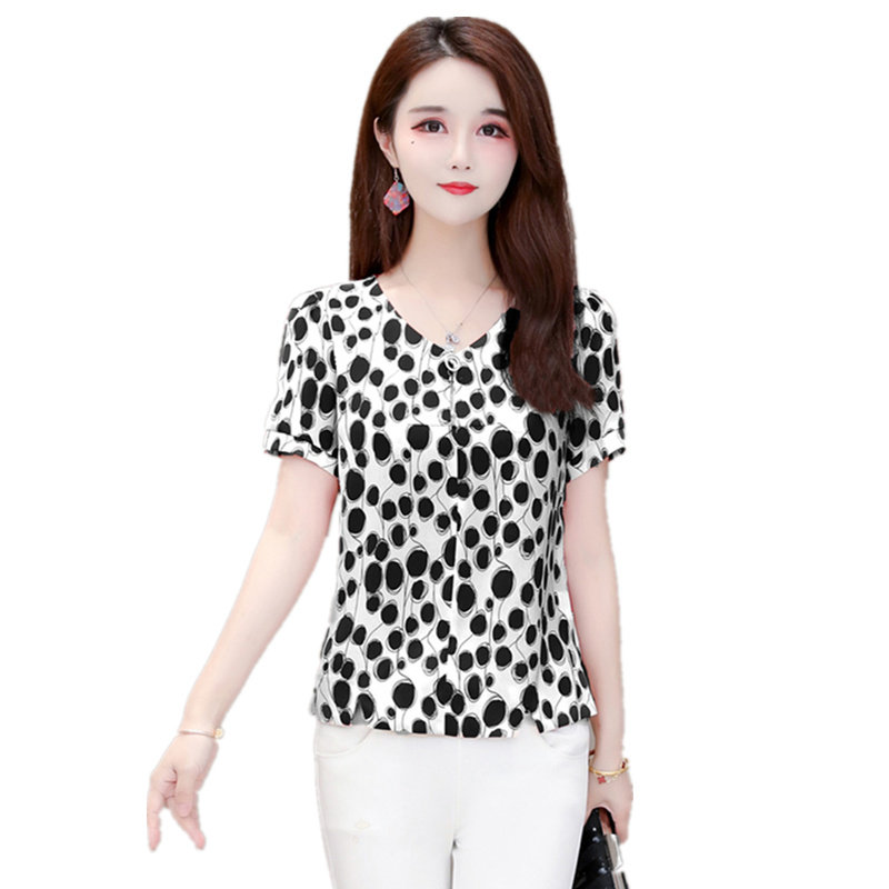 波点雪纺女装2020新款夏大码小衫 瑶韵诗蕾丝衫/雪纺衫