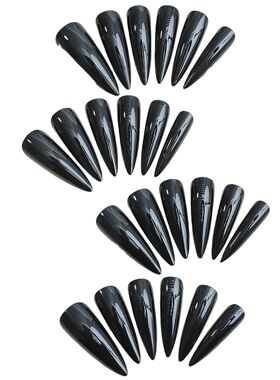 24Pcs Cool Pure Black Long Fake Nails Pointed Tips False Nai