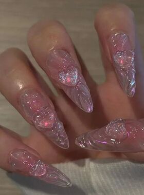 24pcs glitter Pink almond stiletto press on acrylic nails wi