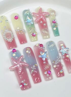 Handmade Extra Long Press on Nails Cute Bear Love Rhinestone