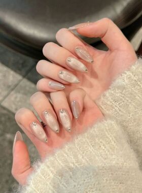 Handmade Press on Nails Ins Simple Nude Pink Cat Eye Fake Na
