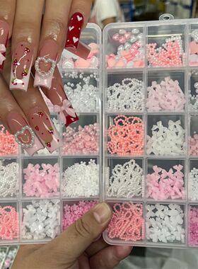 1 Box Pink White Series Bow Heart Nail Charms 3D Arcylic Nai