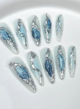 10Pcs Long Almond Handmade Press on Nails Butterfly Fake Nai