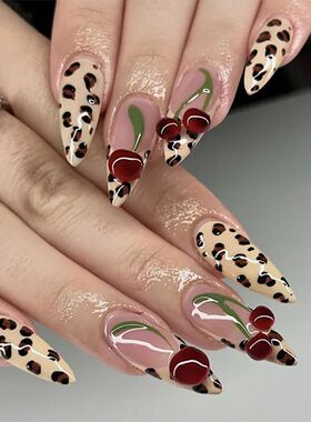 24pcs Leopard Print Almond Fake Press on Nails with Mini Flo