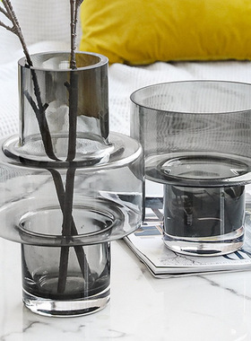 现代北欧极简烟灰透明玻璃花瓶摆件家居样板房装饰品百合水养水培