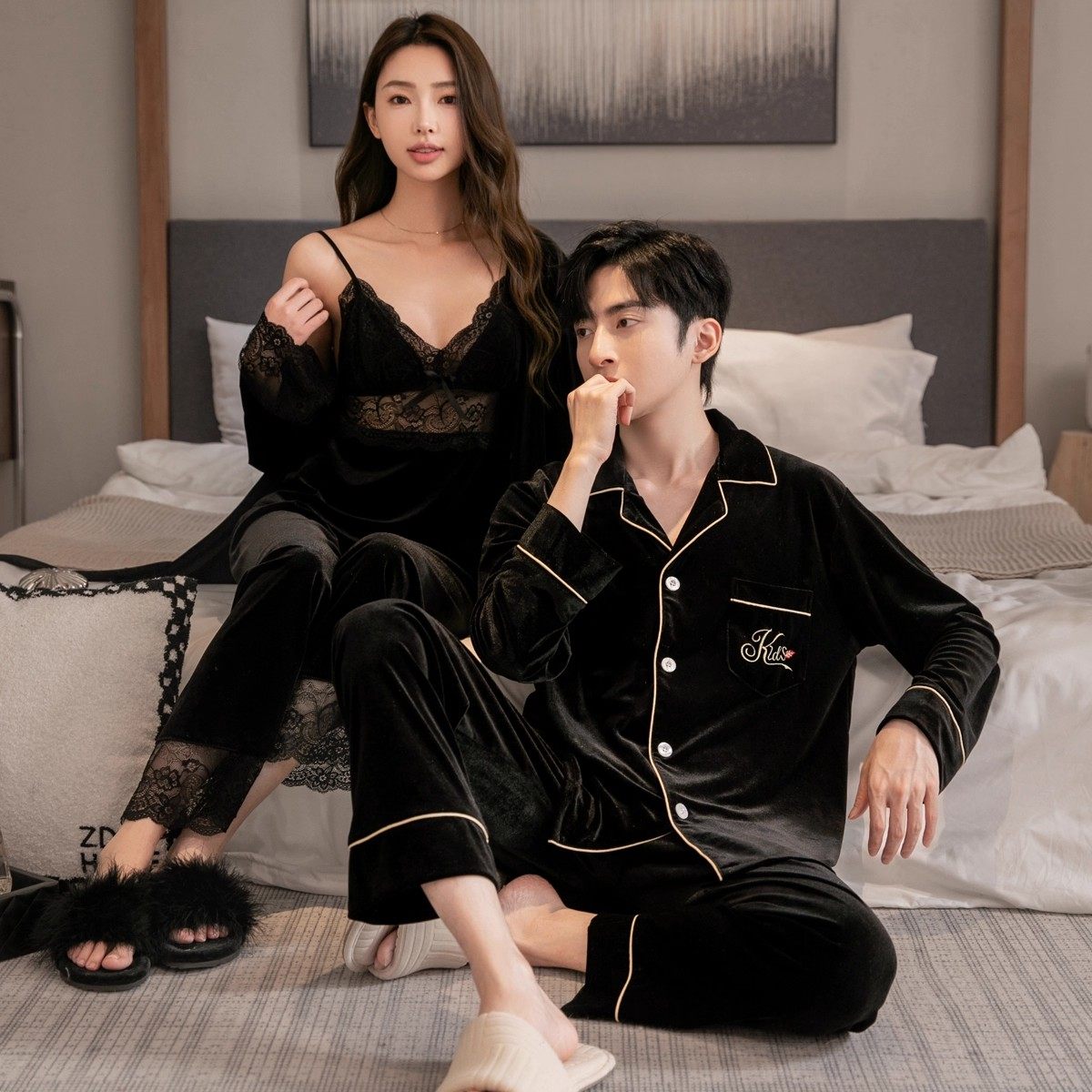 秋冬季金丝绒情侣睡衣女长袖吊带长袖三件套家居服男款可外穿套装,淘宝优惠券,粉丝福利购,淘宝优惠卷