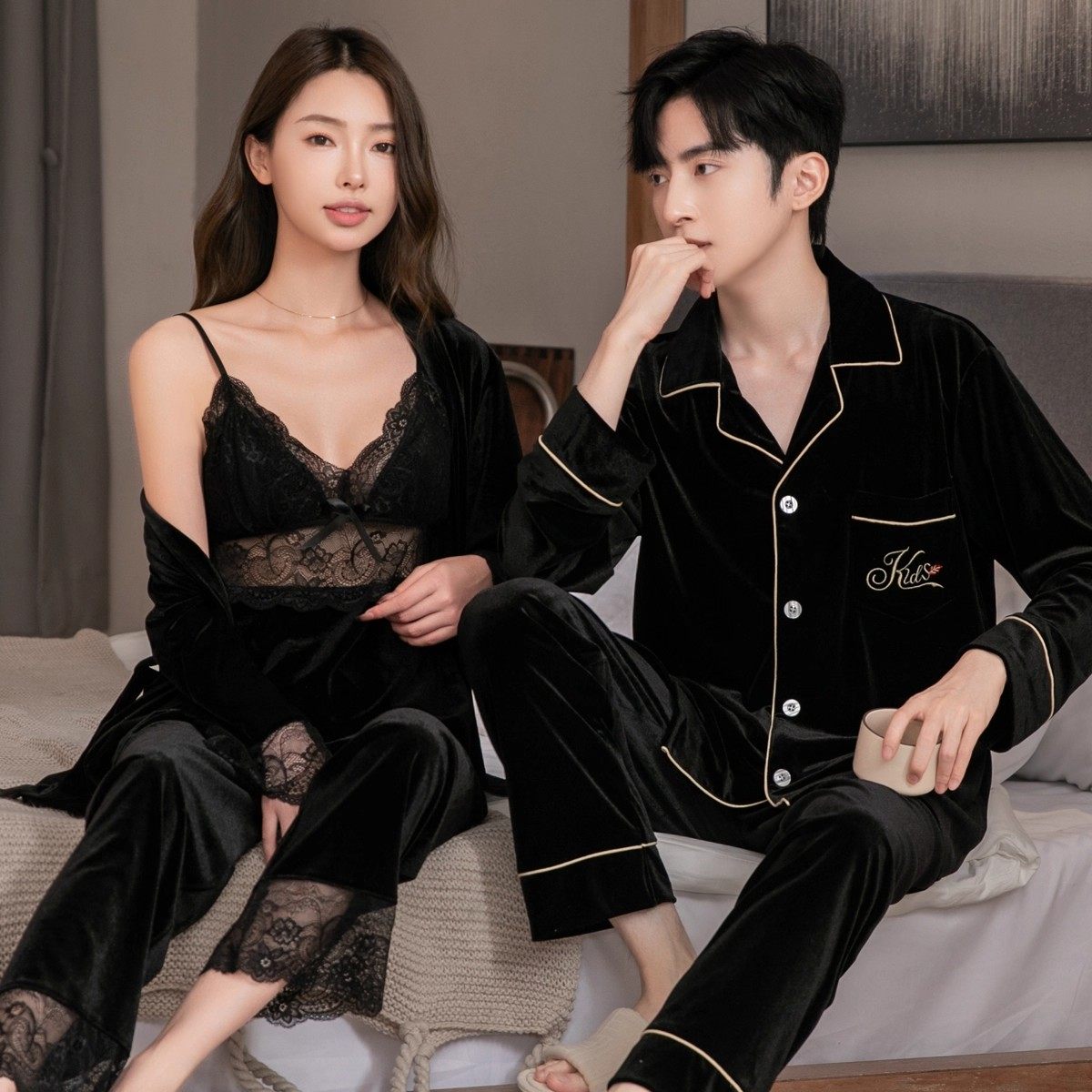 秋冬季金丝绒情侣睡衣女长袖吊带长袖三件套家居服男款可外穿套装,淘宝优惠券,粉丝福利购,淘宝优惠卷