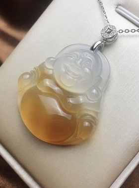 纯天然无烧蜜糖色玉髓大肚佛吊坠