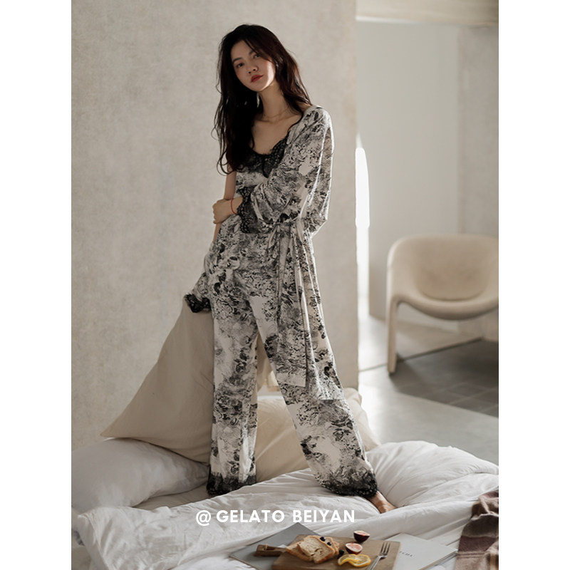 贝妍春秋季长袖性感v领莫代尔睡袍 贝妍软绵绵睡衣/家居服套装