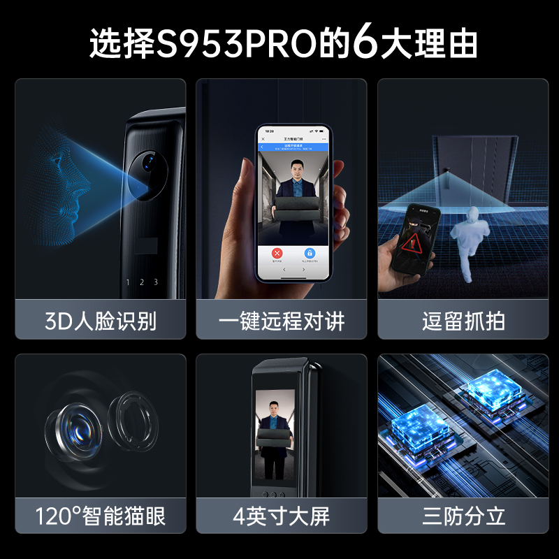 王力3D人脸识别智能锁指纹密码锁安全家用可视猫眼门锁S953Pro