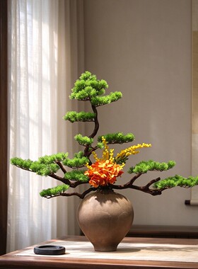 禅意仿真迎客松花插陶瓷花瓶摆件