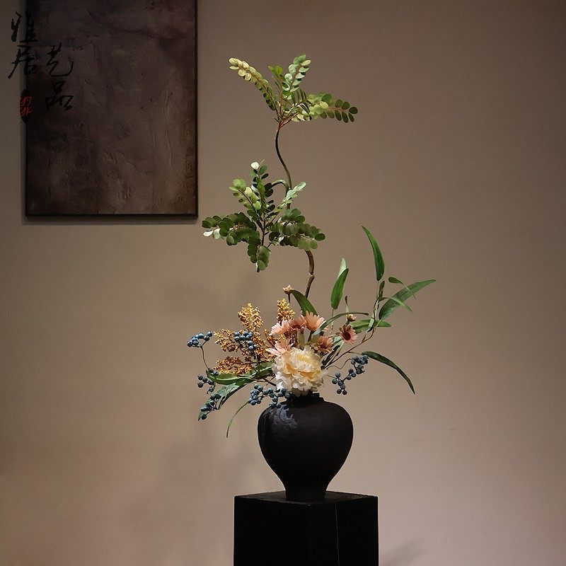 新中式陶瓷花瓶摆件侘寂风禅意南天竹高级感玄关茶室民宿酒店装饰,淘宝优惠券,粉丝福利购,淘宝优惠卷
