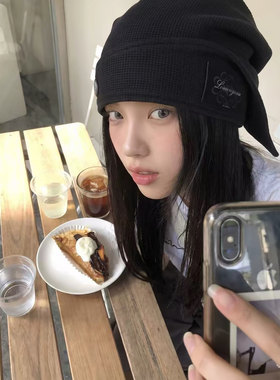 秋冬复古骑士金属扣针织堆堆帽女