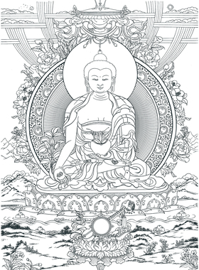 药师佛描金唐卡|静心减压|佛像涂色线稿|DIY手绘填色装饰画