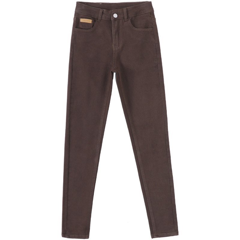 咖啡色加绒女修身2021加长牛仔裤 她暖牛仔裤