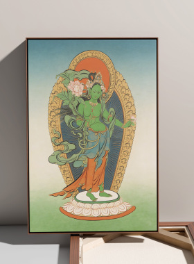 西藏绿度母减压手绘填色描金唐卡
