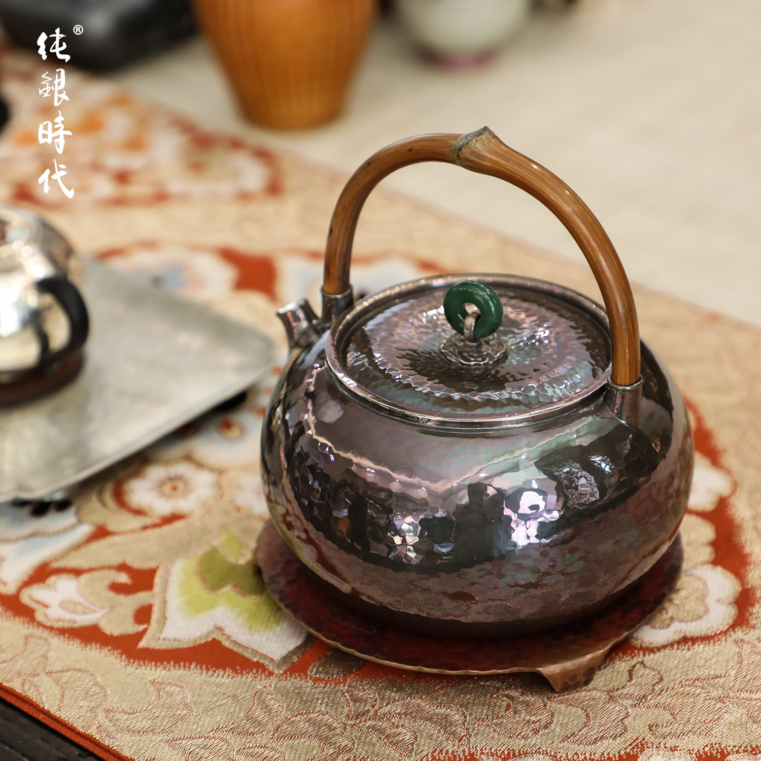 纯银时代 溢彩扁型紫皮银壶藤提梁手工一张打足银999烧水壶700ml,淘宝优惠券,粉丝福利购,淘宝优惠卷