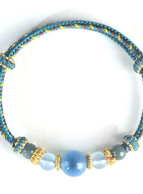 蓝色糖心玛瑙手绳古法手工编织潮汐蓝八股敦煌配色手链情侣款饰品