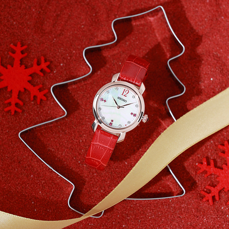 SEIKO精工珍珠贝母盘皮带优雅气质送礼时尚石英女士手表SUR502P1