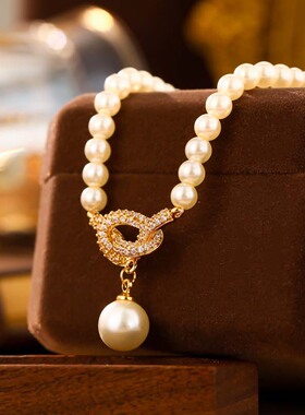 法式微镶打结吊坠项链女真金电镀高级感精致高亮珍珠时尚设计饰品