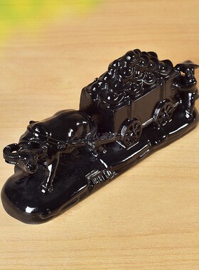 天然黑曜石牛拉财车聚宝盆摆件