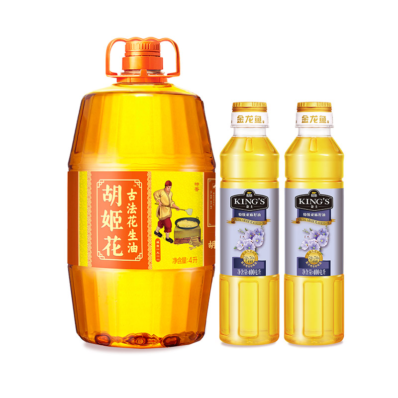 胡姬花古法花生油4L+亚麻籽油400ml*2瓶 家用烹饪食用油组合装