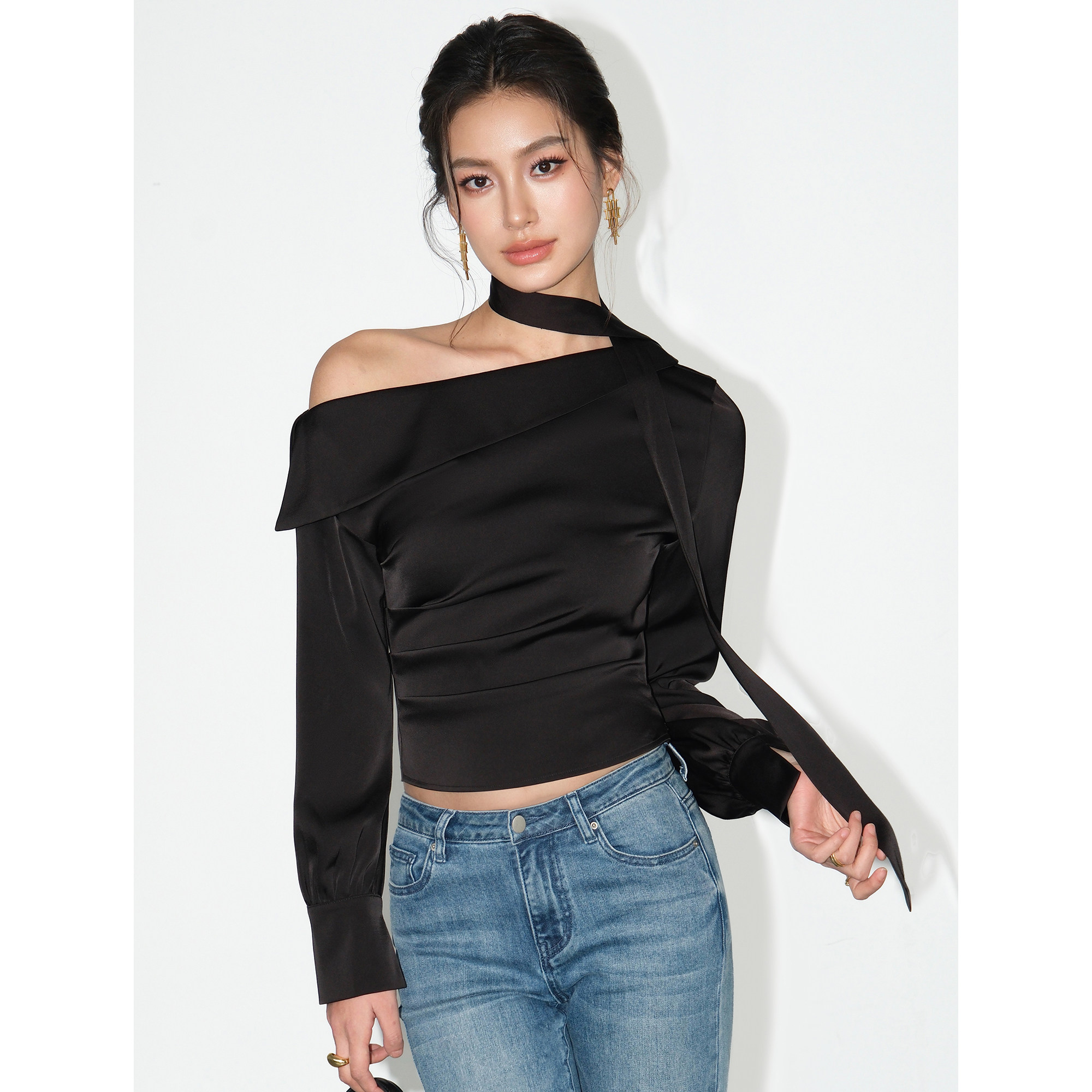 NEVA HU 高级感缎面斜肩长袖衬衫女露肩设计感气质飘带短款上衣,淘宝优惠券,粉丝福利购,淘宝优惠卷