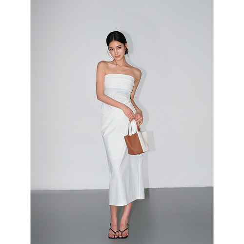 NEVA HU 老钱风抹胸上衣女无袖吊带背心高腰直筒半身裙两件套装 - 图0