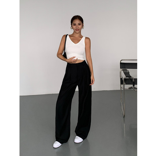 NEVA HU黑色高腰阔腿西装裤女2025秋季宽松垂感休闲直筒拖地长裤