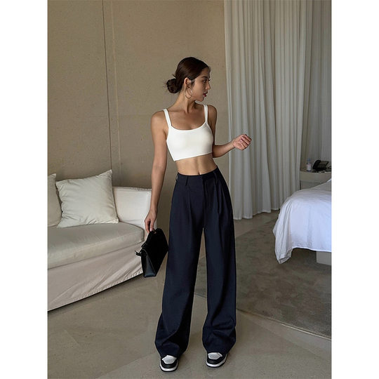 NEVA HU黑色高腰阔腿西装裤女2025秋季宽松垂感休闲直筒拖地长裤