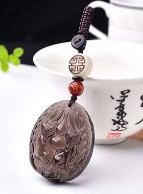 天然冰种黑曜石双狐催缘钥匙扣 坠子尺寸：40×32×11，男女款
