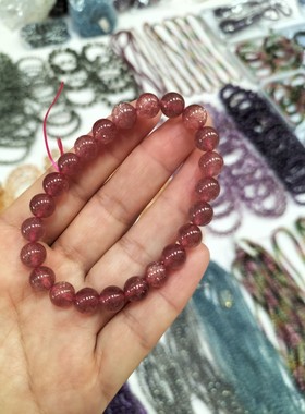 天然水晶草莓晶手链女招桃花粉水晶手串鸽血红草莓晶散珠闺蜜礼物