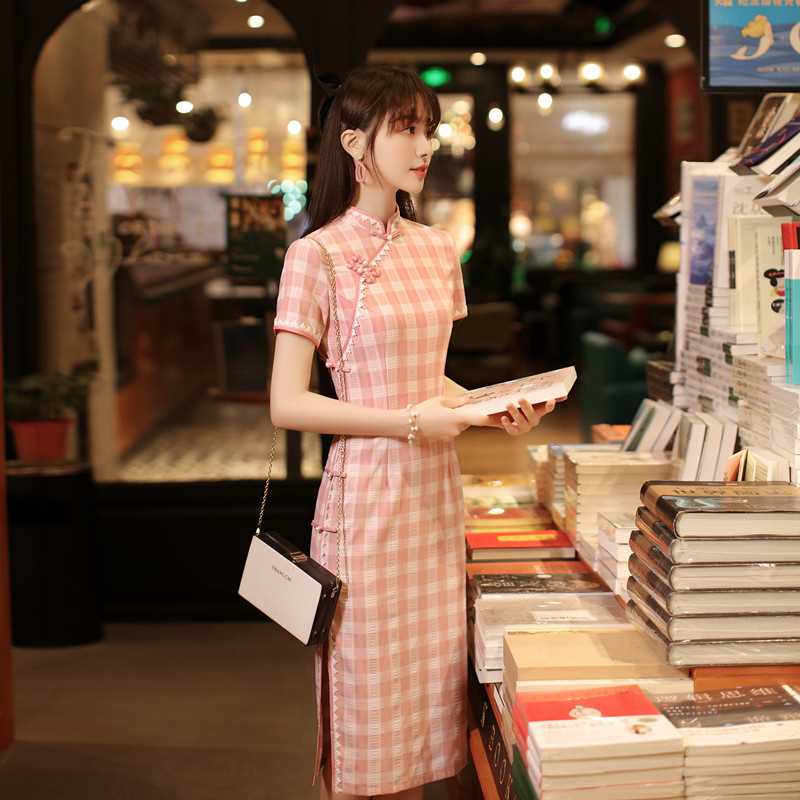 2022春夏国风改良旗袍日常格子年轻款少女可爱甜美气质优雅连衣裙