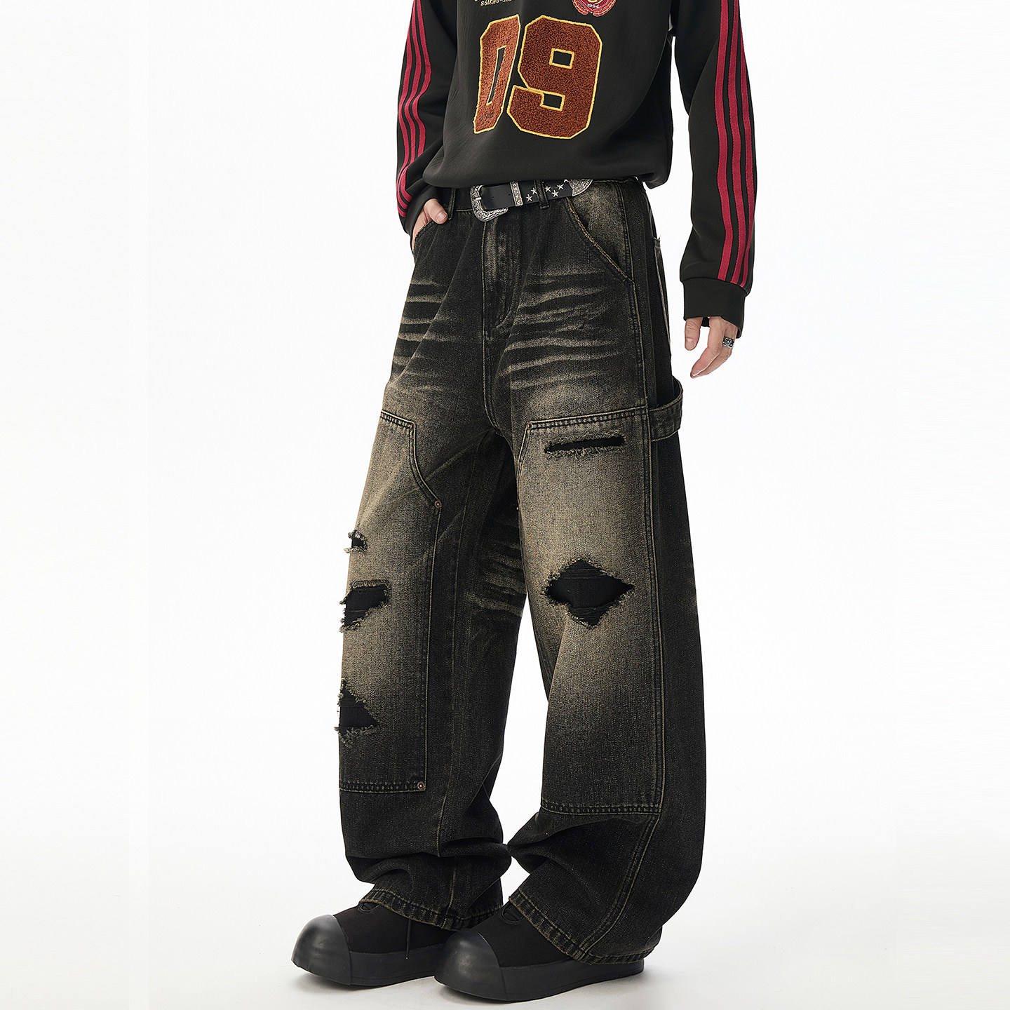 拉夏贝尔水波纹破洞贴布设计感牛仔裤2025男女新款秋季季直筒裤子,淘宝优惠券,粉丝福利购,淘宝优惠卷