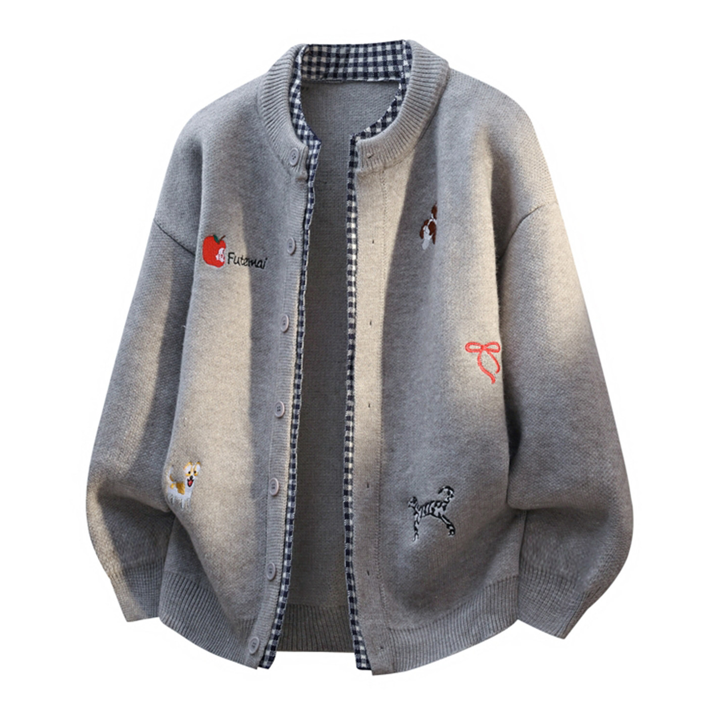 拉夏贝尔格子拼接假两件毛衣开衫冬季男刺绣慵懒风针织外套情侣装,淘宝优惠券,粉丝福利购,淘宝优惠卷